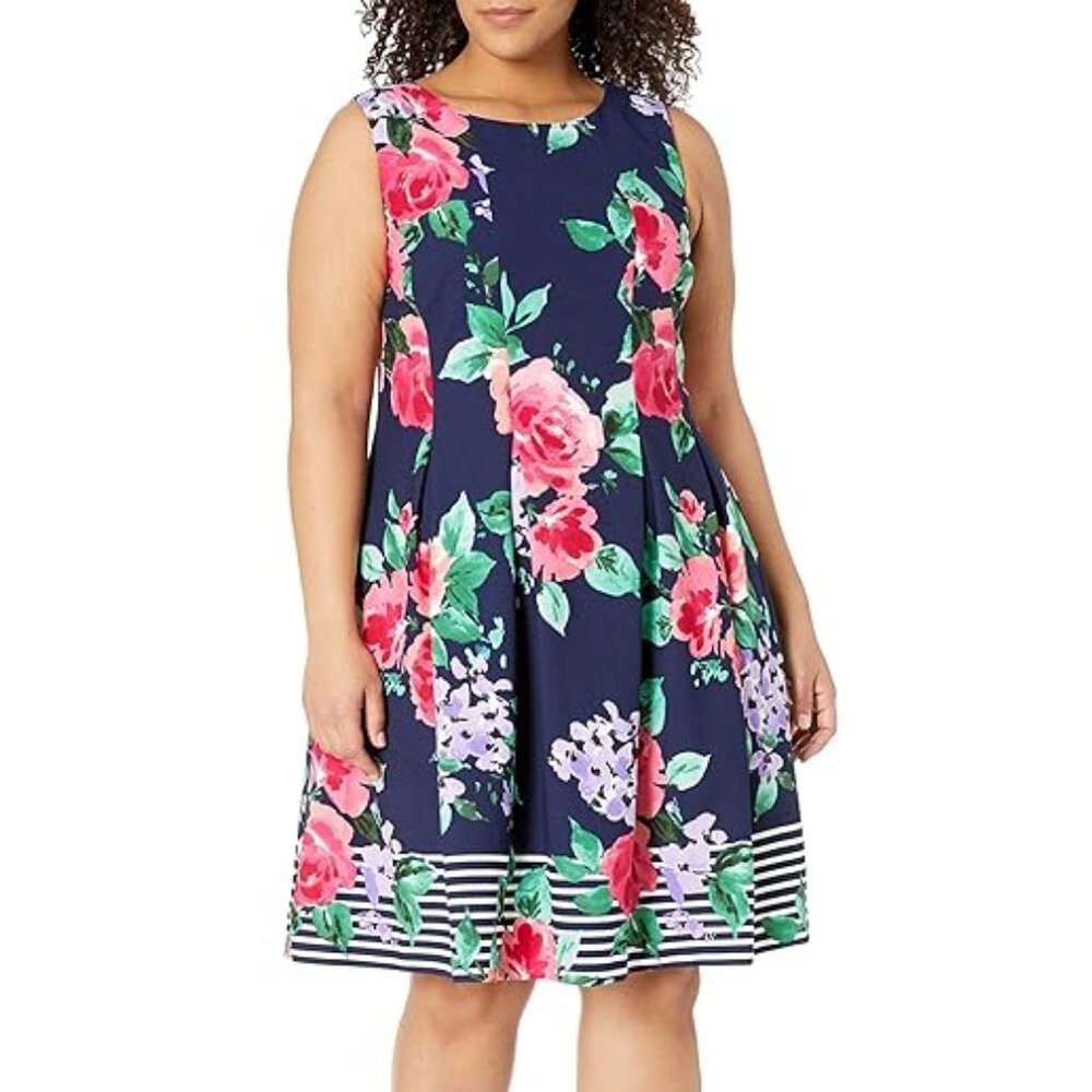 Jessica Howard Sleeveless Navy Blue Floral Fit and Flare Plus Dress SZ 24W